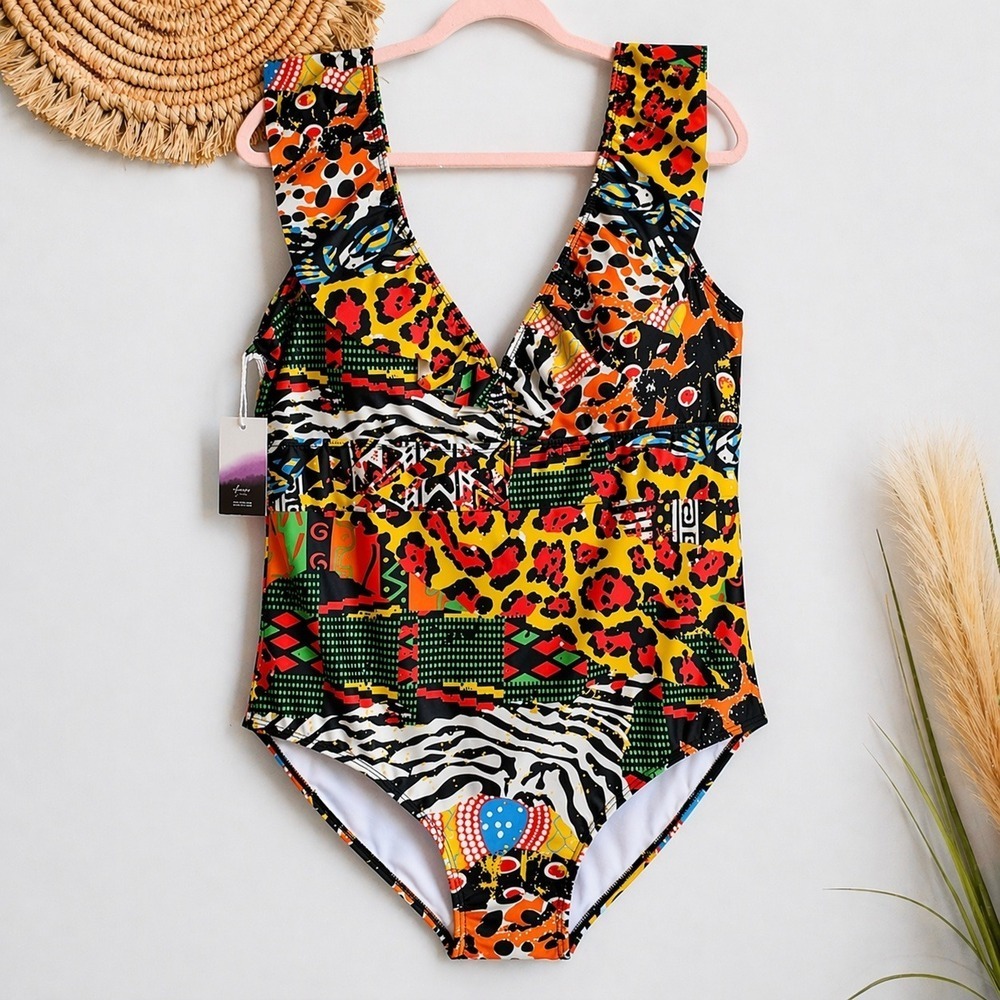 Averie NEW Harlow Tropical Animal Print Deep Plunge One Piece Swimsuit SZ XXXL - Picture 9 of 9